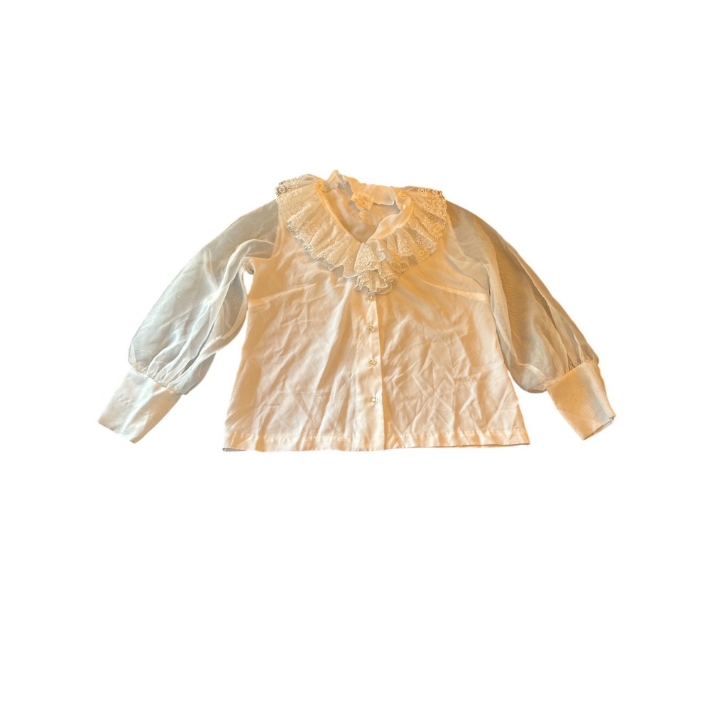 Vintage Lee Mar Pageant White Lace Ruffle Collar‎ Blouse Sheer Sleeves Large